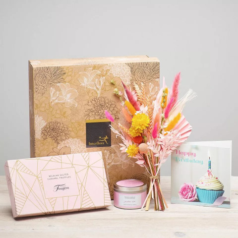 Birthday Dried Flowers, Candle and Caramel Truffles Gift Set